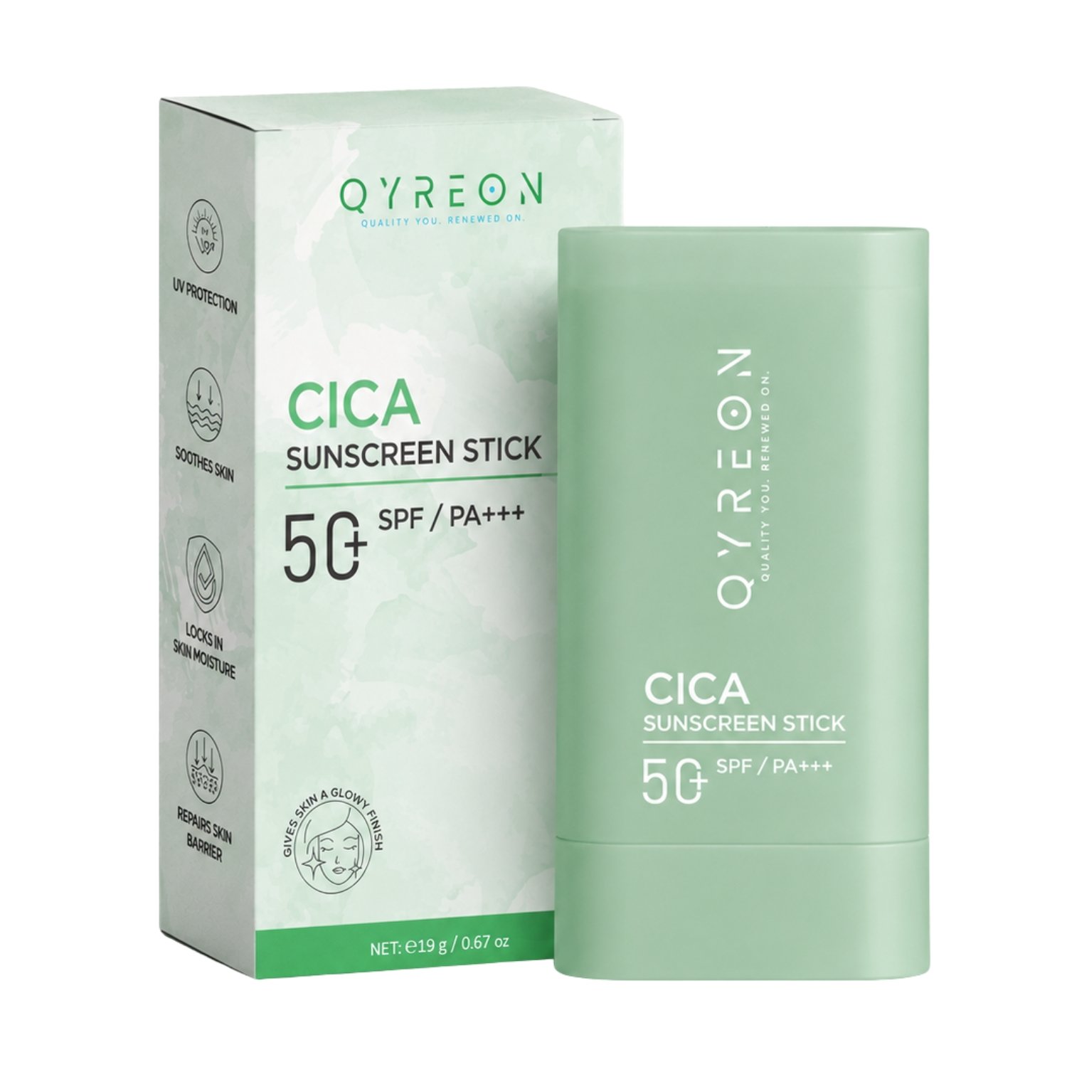 QYREON CICA Sunscreen Stick SPF 50+ PA+++ – Lightweight UV Protection (20g)