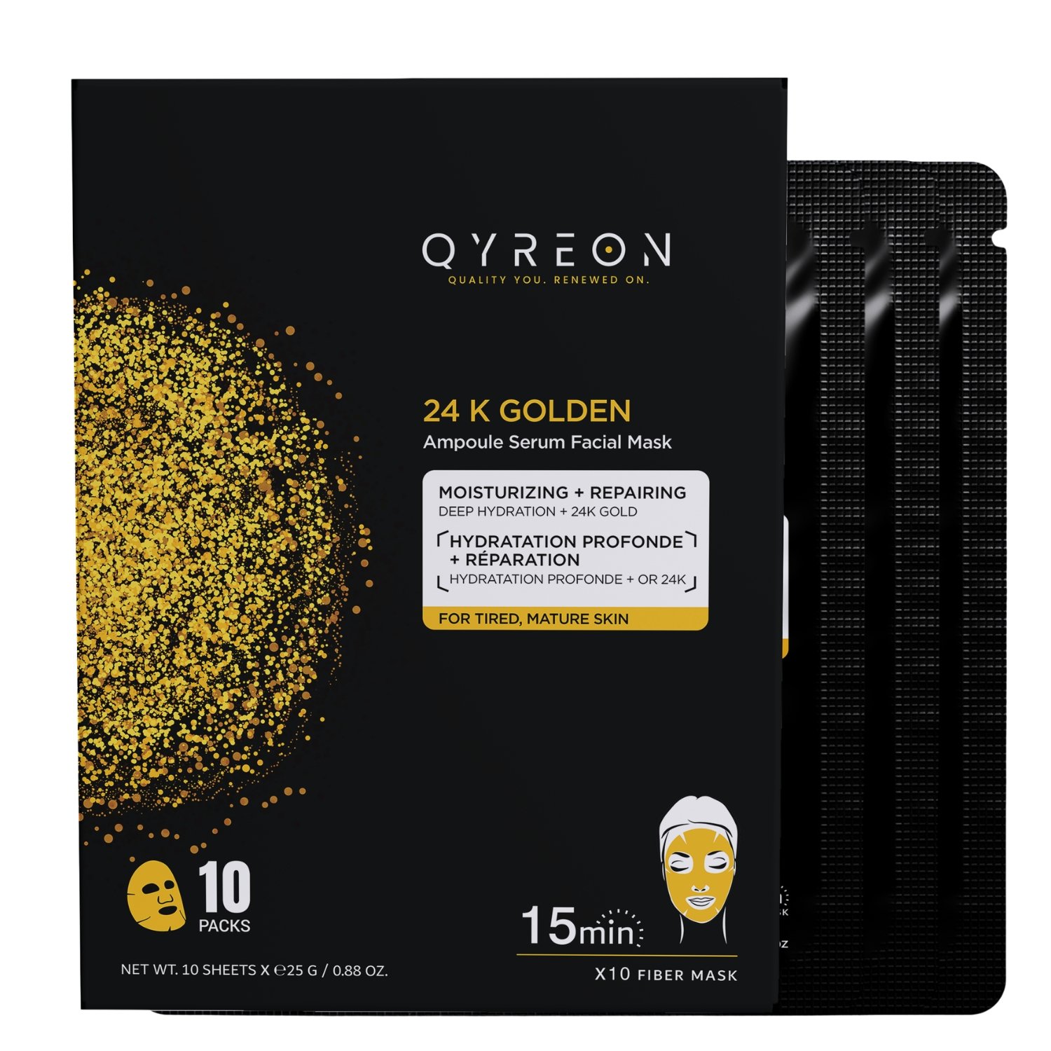 QYREON 24K Golden Serum Facial Mask – Hydrating & Repairing Sheet Mask (Pack of 10)