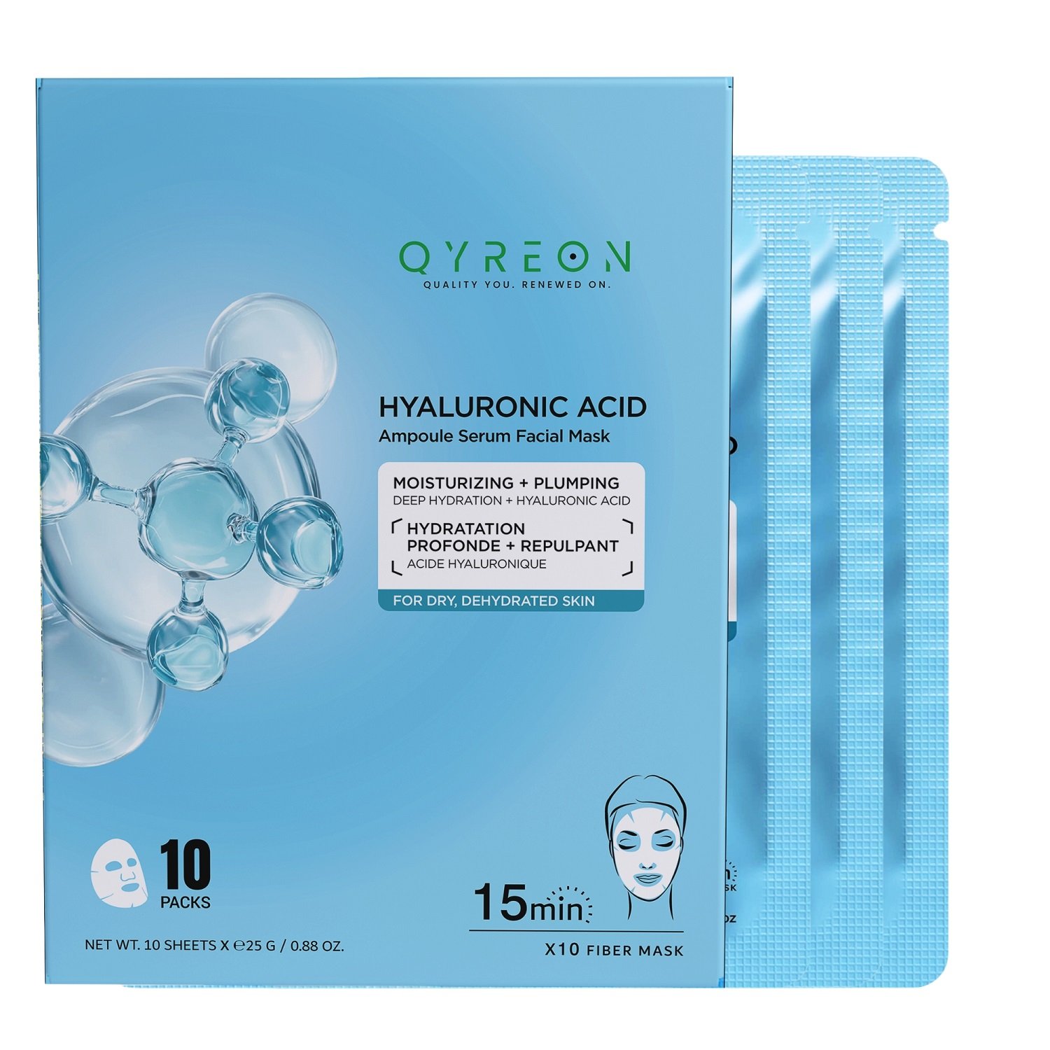 QYREON Hyaluronic Acid Facial Sheet Mask – Deep Hydration & Moisturizing (Pack of 10)