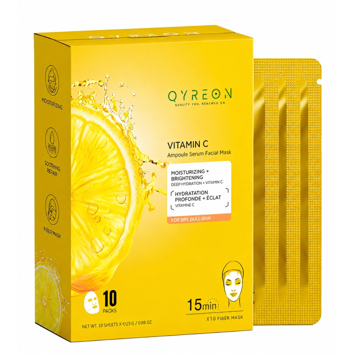 QYREON Vitamin C Ampoule Facial Sheet Mask – Brightening & Hydrating (Pack of 10)